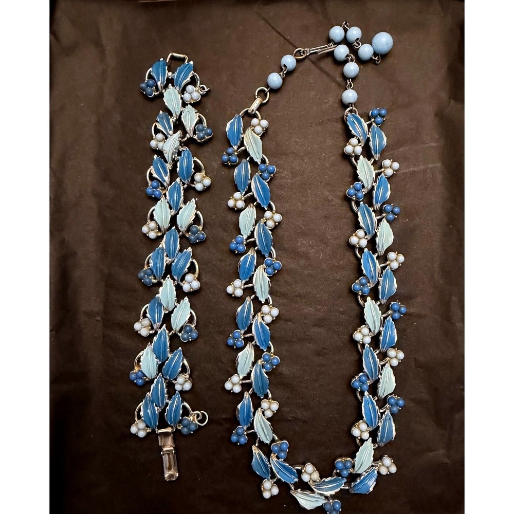 Vintage Coro Blue Enamel Leaf Necklace and Bracelet Set Silver Tone Mid Century